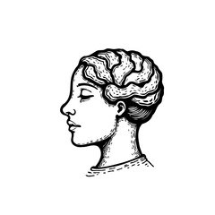 Creative concept of a woman's head with a brain-shaped hairstyle representing intelligence and thinking capacity