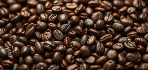Fototapeta premium Dark, roasted coffee beans close-up, rich texture, picture, single origin