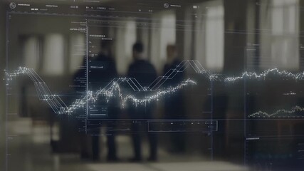 AI robot observes a business team, visualizing their activity as stock market data on a big digital screen - Powered by Adobe