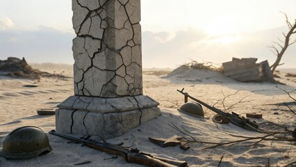 Desolate Battlefield Scene with Broken Column and Abandoned Weapons