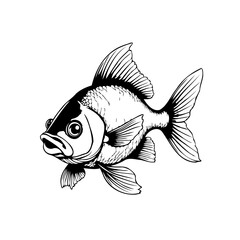 A black and white drawing of a fancy goldfish with flowing fins against a plain background makes for simple yet striking imagery