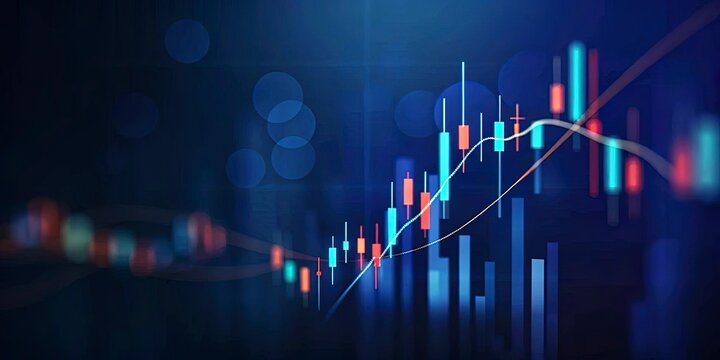 A dynamic financial chart displays an upward trend with candlestick indicators