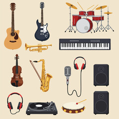 Obraz premium Collection of various musical instruments and audio equipment arranged