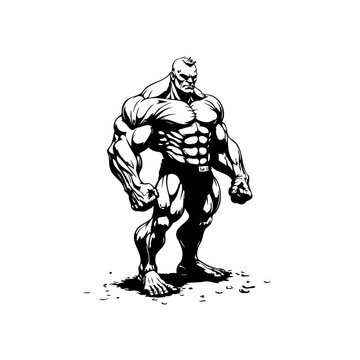 Powerful and muscular character illustration showcasing strength physique depicting fitness bodybuilder in black and white vector, representing superhuman