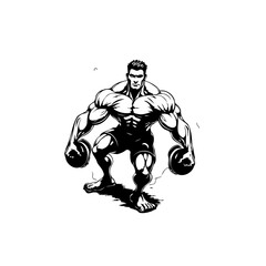 Powerful muscular bodybuilder lifting heavy dumbbells displaying strength determination and dedication in a black and white illustration