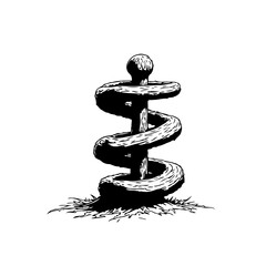 Monochrome winding tree with a ball and root style base hand drawn digitally created illustration