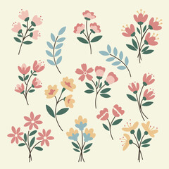 Assorted floral bunches and leaf sprigs on a light cream background art