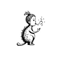 Whimsical child like creature blowing magical smoke hand drawn illustration for fantasy storybooks and children's illustrations