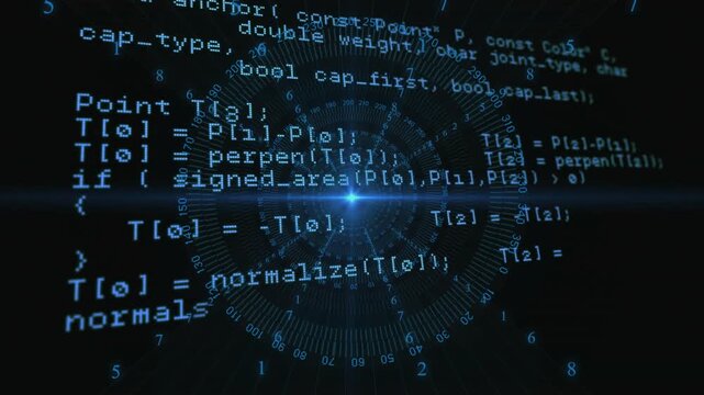 After loading, glowing HUD rotating, pulsing as C++ code blocks fading, appearing to show workflow