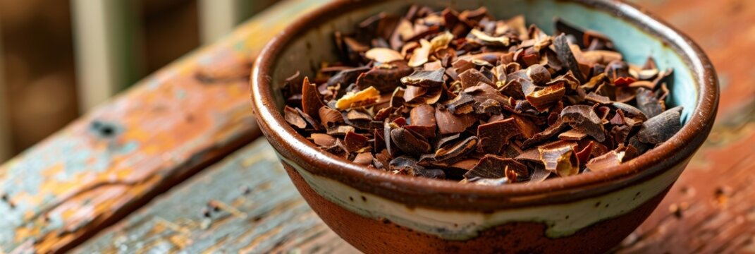 A bowl filled with cacao peelings which can be used to infuse flavor into homemade sauces and marinades.