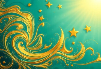 Abstract swirling patterns in gold and teal, crescent moon and star shapes, radiating light effect,  abstract,  vector