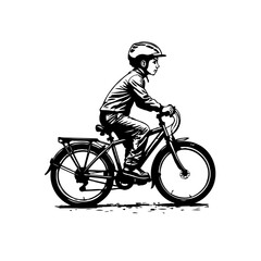 Fototapeta premium A monochrome vector illustration of a boy riding his bicycle with safety helmet and outdoor adventure