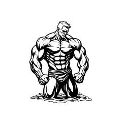 Illustrative fitness icon showcasing a muscular man symbolizing strength determination and physical health and promoting wellness