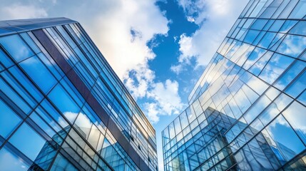 Fototapeta premium Economics, banking, business and finance concept.A fragment of a modern office building in the capital .glass buildings with cloudy blue sky background .modern office building