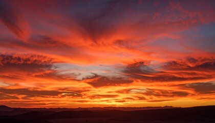 Spectacular fiery sunset painting the sky above a silhouetted mountain range