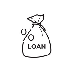 Line icon of a money bag labeled “LOAN” with percentage signs, symbolizing personal loan, interest rate, credit lending, or financial borrowing for fintech, banking, or budgeting platforms.