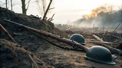 Vintage Military Equipment in a Battlefield Setting at Sunset