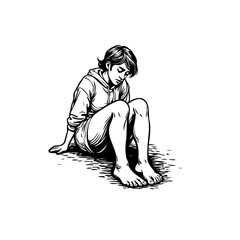 Monochrome vector illustration of a thoughtful teenager sitting on the ground alone in contemplation and despair