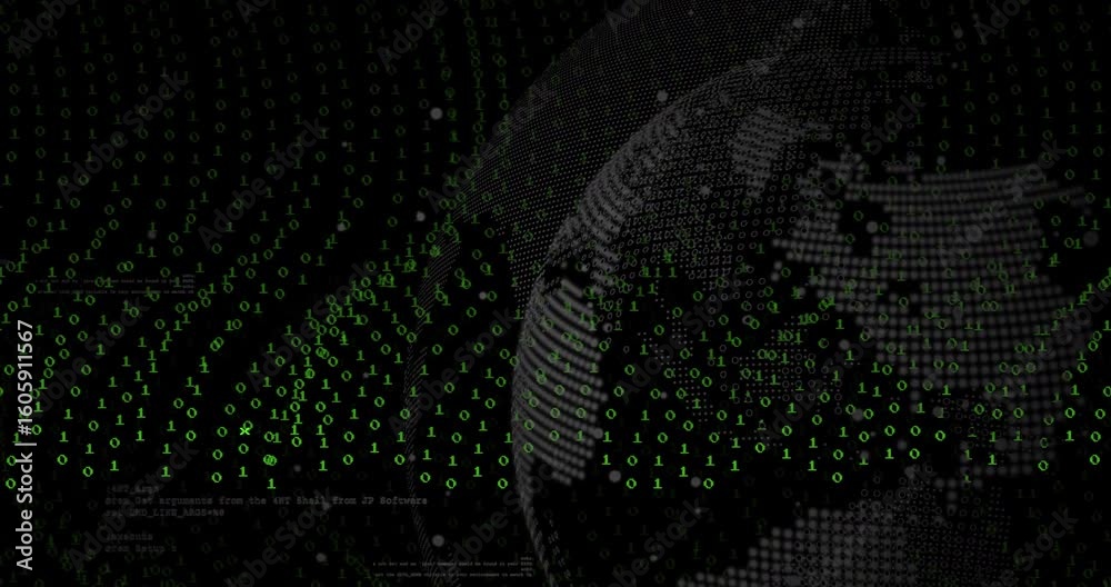 Poster sparse green binary digits starting wave formation, revealing rotating globe representing data flow