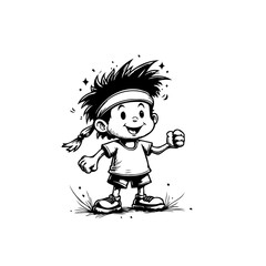 Cartoon vector illustration of a cheerful boy jogging with a headband in black and white style