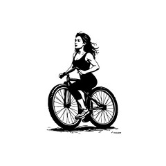 Obraz premium Dynamic black and white illustration of a woman riding her bicycle with determination and focus on her fitness journey