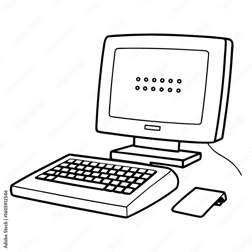 Poster a vintage computer setup featuring a monitor, keyboard, and mouse, rendered in a line art style. the