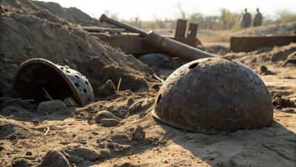 Obraz premium Rusty World War Two Helmets and Artilley Shells in Dusty Ground