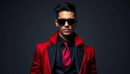 Obraz premium Stylish figure in sharp attire, dark backdrop, pose, grooming