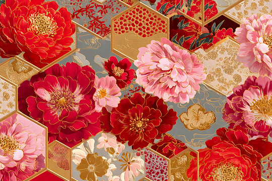 Hexagonal Elegance: Stylized Peony Blossoms in Traditional Japanese Inspired Motifs