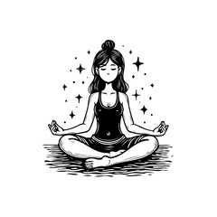 Illustration of a serene woman in lotus position meditating surrounded by stars for relaxation and mindfulness