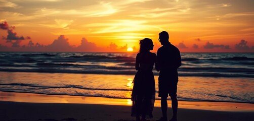Silhouetted figures embracing at sunset on a beach, holding, silhouette
