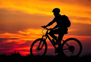 Naklejka premium Silhouette of a biker against a vibrant sunset sky, vintage, blue