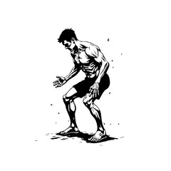 Monochrome illustration depicting a skeletal man bending forward displaying anatomical details and the interplay of light and shadow creating visual depth