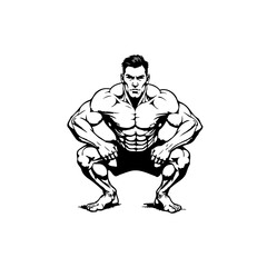 Strong muscular bodybuilder athlete doing squats, fitness training and powerful muscles, silhouette artwork with enhanced physical prowess