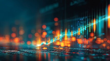 A glowing financial graph shows upward trend with bokeh lights