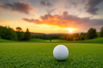 Golf ball on a green fairway at sunset.