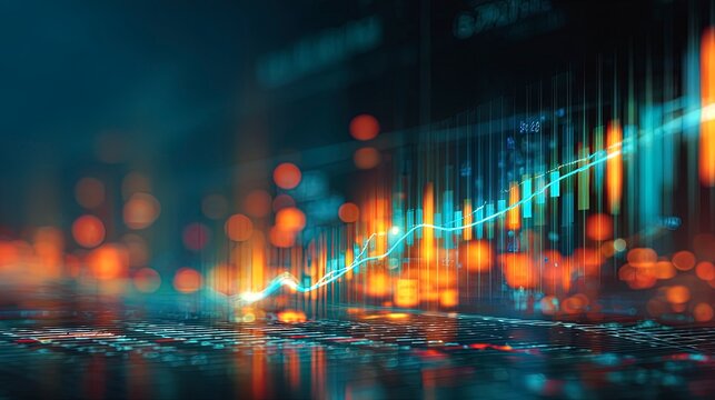 A glowing financial graph shows upward trend with bokeh lights