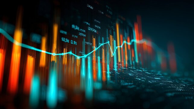 A glowing financial graph shows upward trend with bokeh lights