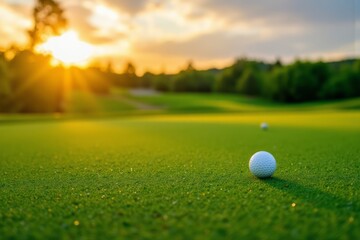 Golf ball on a green fairway at sunset.
