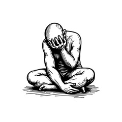 Monochrome depiction of a man sitting cross legged with his head in his hands conveying emotion