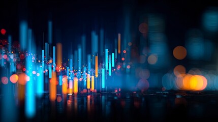 Abstract digital financial data visualization with glowing bokeh lights