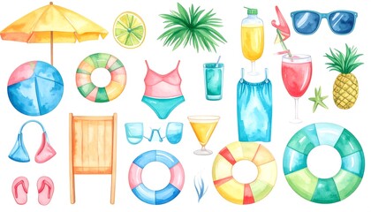 Watercolor illustration summer beach elements collection perfect for design projects