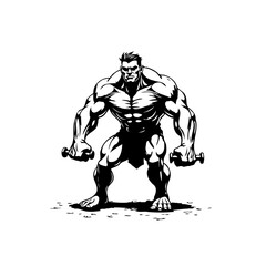 Illustrative depiction of muscular figure wielding dumbbells emphasizing strength fitness and determination in a silhouette style