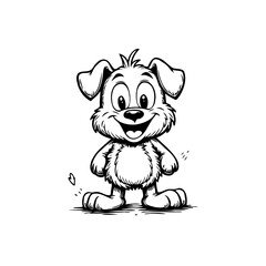 Adorable monochrome dog cartoon illustration full body standing position expressing joy and happiness on white background perfect for kids