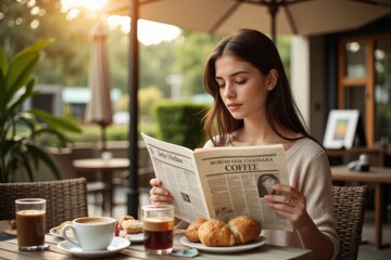 Woman reading newspaper at an outdoor cafe.