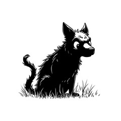 Illustration of a black dog sitting in grass cartoon style, with angry expression