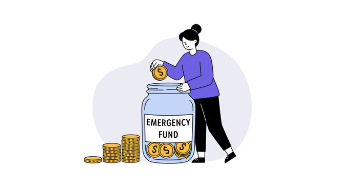 Proactive Financial Security Modern Vector Illustration of a Woman Diligently Depositing Money into an Emergency Fund, Emphasizing Prudent Savings and Future Economic Stability.