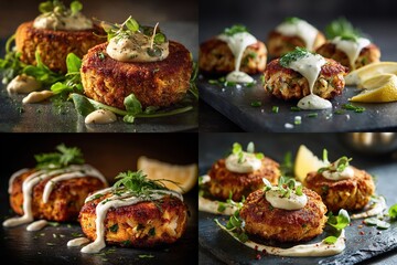 Fototapeta premium Delicious seafood patties, garnished with fresh herbs, and creamy sauces, served with lemon