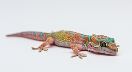 Obraz premium Vibrant gecko reptile calmly poses against bright white background. AI Generated