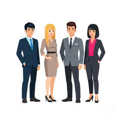 flat style of four diverse young men and women in office outfits.